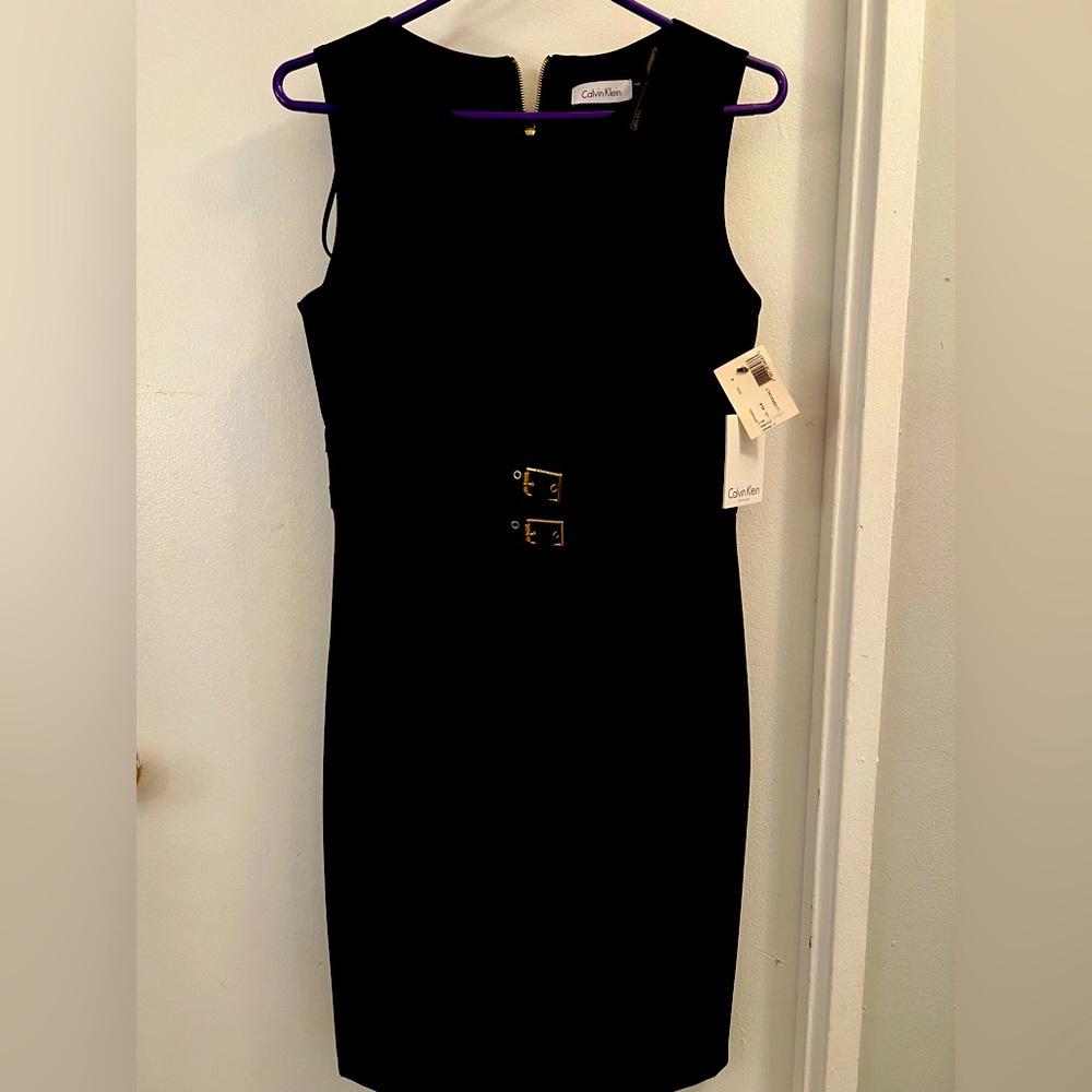 CLAVIN KLEIN black dress size 4, gold buckles, great fit! NEVER WORN!!!